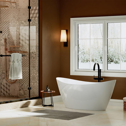 Empava 59" Freestanding Bathtub – Deep Soaking Acrylic Tub for Small Bathroom, Non-Slip Flatbottom, Stress Relief Home Spa, Brushed Nickel Drain & Overflow, Single Adult, Glossy White