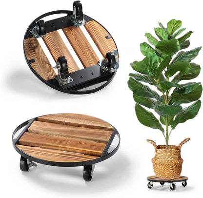 PRAQECZ 2 Pack 12" 264 LB 360 Plant Caddy with Wheels, Rolling Plant Stand Heavy Duty, Iron and Wood Round Plant Dolly