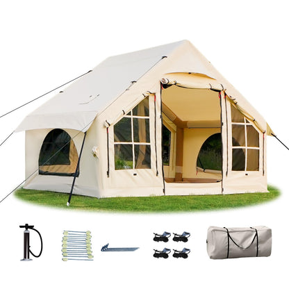 KNUO 2026 Upgraded Waterproof Inflatable Camping Tent for 2~4 People, Large Blow-Up Air Tent, No Assembly Needed Luxury Glamping House, 10x7.2ft Oxford Fabric, Beige