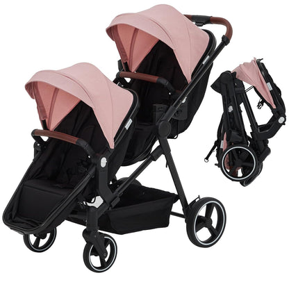 Tandem Double Stroller for Twins, Foldable Baby Stroller for Newborns 0-6 Months, Reversible Adjustable Seats, Shock-Absorbing Swivel Wheels & One-Step Brake, Storage Basket & Sun Canopy, Pink