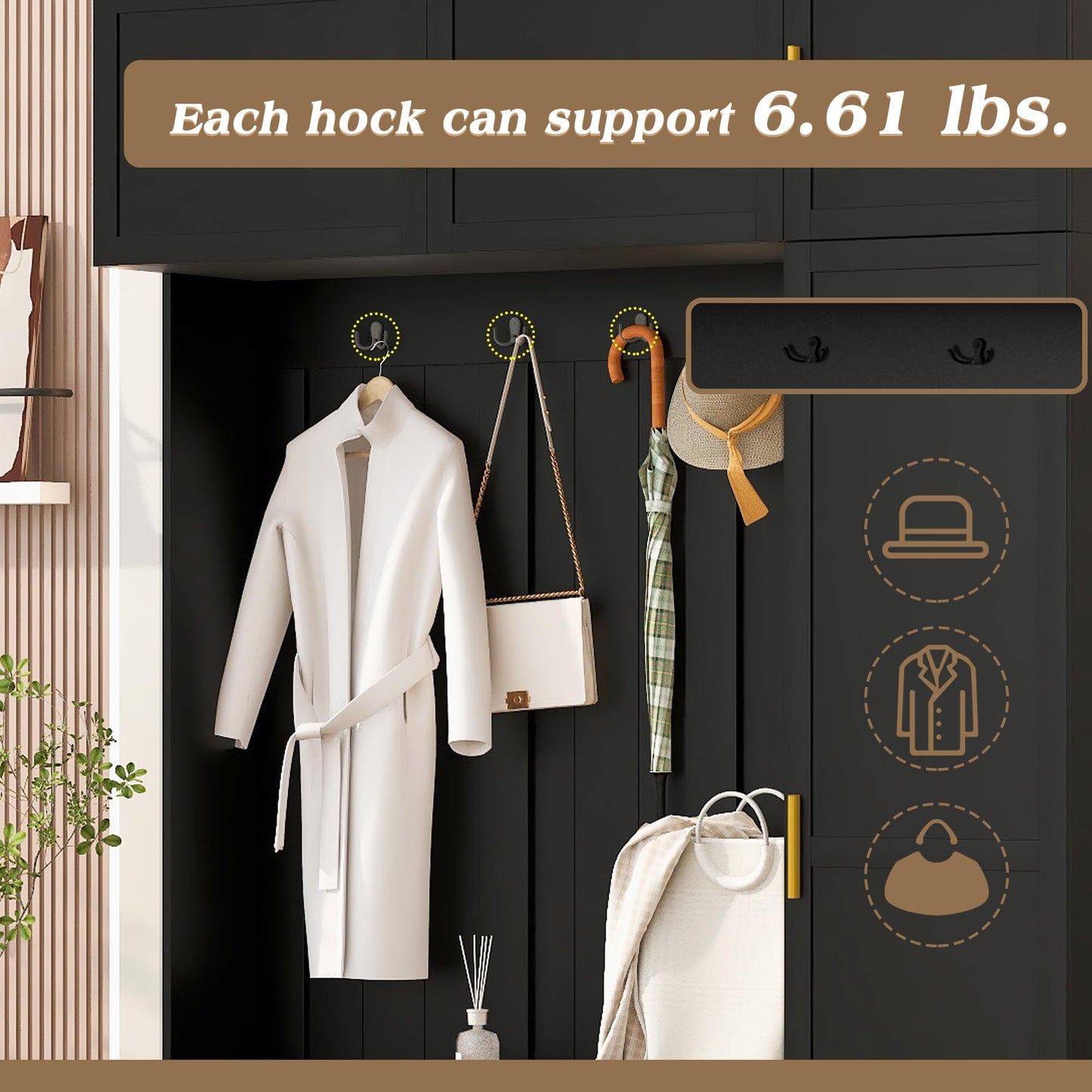 Amposei Modern Hall Tree with Shoe Storage Bench & Coat Rack, 79.72''H Tall Entryway Cabinet Organizer with 6 Doors, 4 Hooks & Padded Seat for Hallway Mudroom Living Room, Black