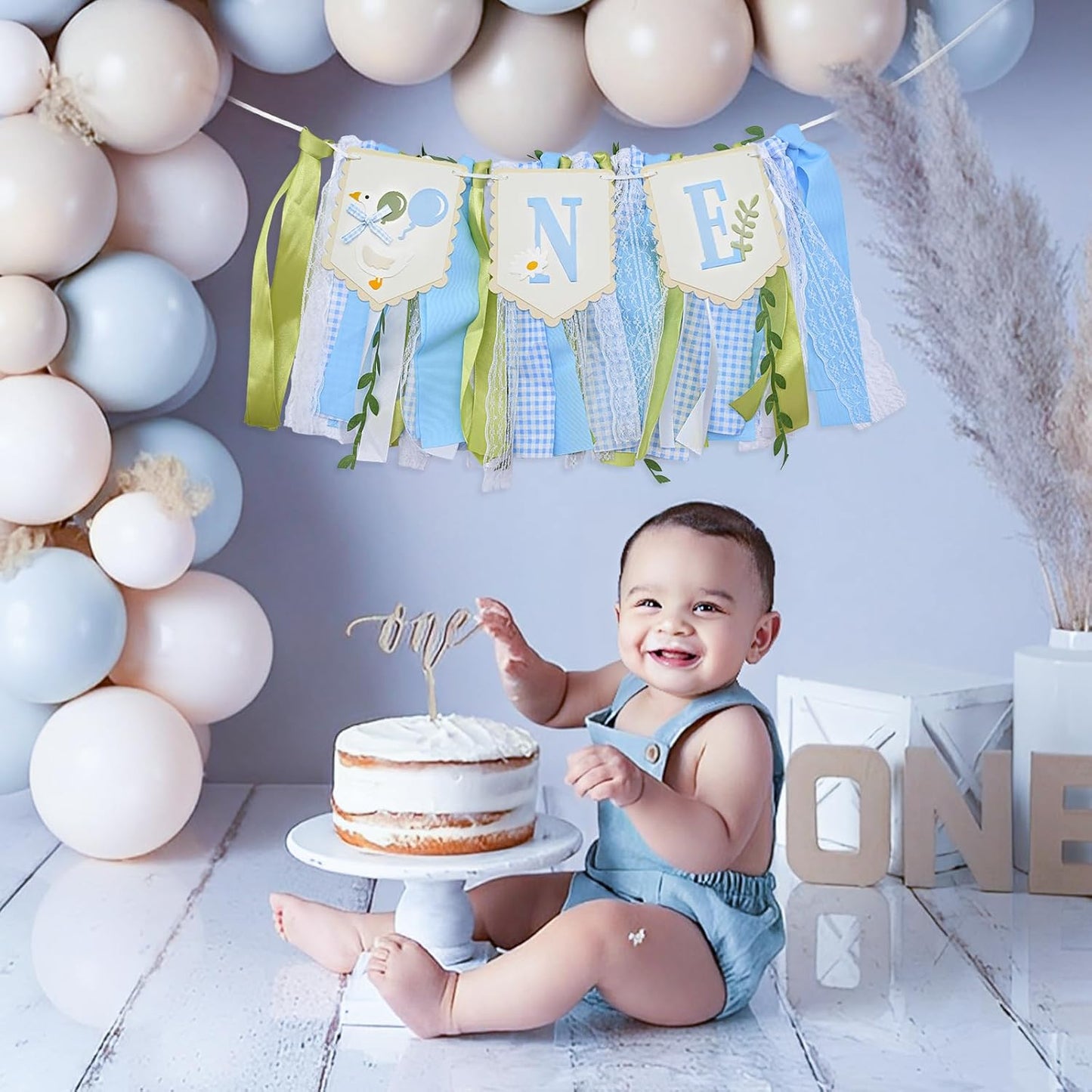 1st One Silly Goose High Chair Banner - Rustic Blue Ribbon Tassel Garland, NO DIY Required, Birthday Decoration