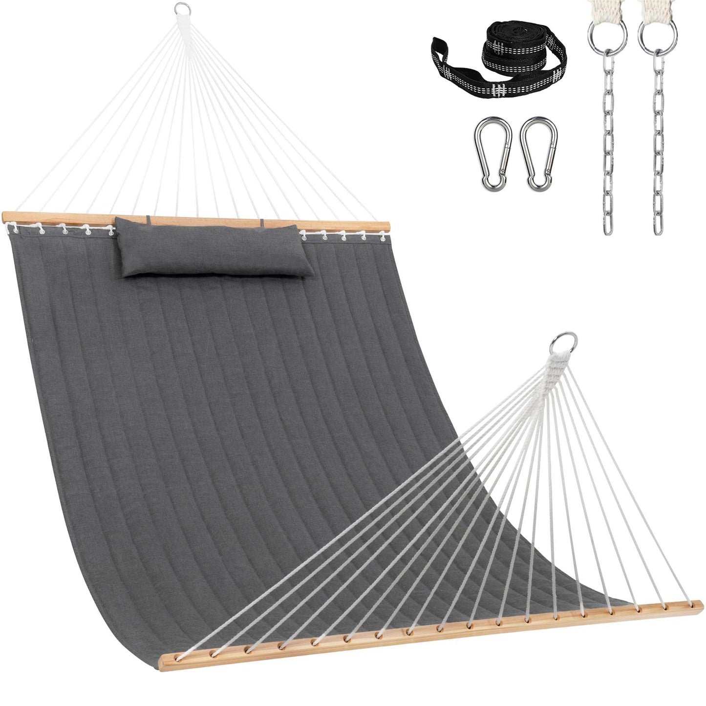 Lazy Daze Hammocks 12 FT Sunbrella Fabric Quilted Hammock Double Sunbrella Quilted Hammock with Spreader Bars & Pillow, All Weather and Fade Resistant for Outdoor, 450 lbs Capacity, Cast Slate
