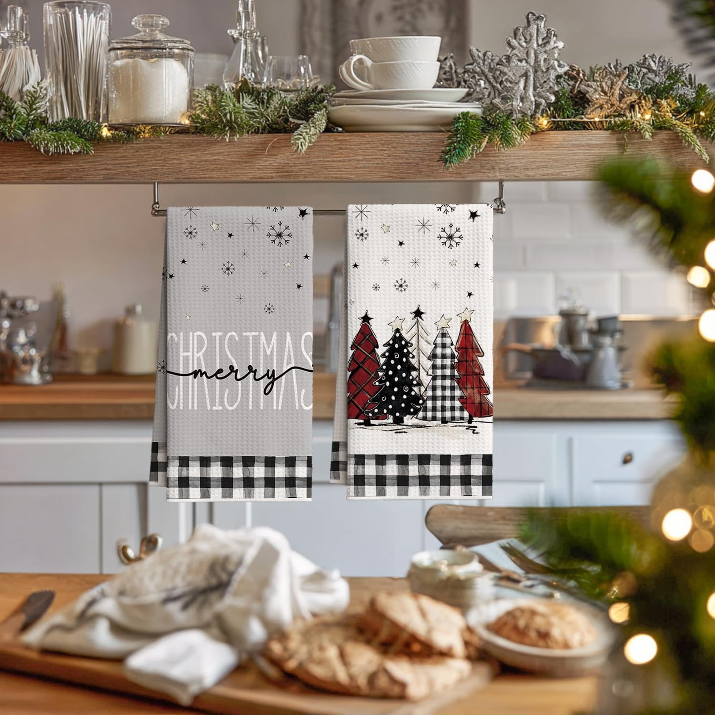 12x24 Inch Set 4 Artoid Mode Black Xmas Tree Snowman Merry Christmas Bar Kitchen Towels, Quick Dry Microfiber Cloth
