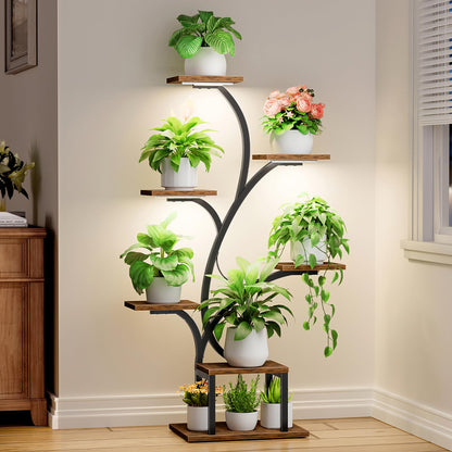 BACEKOLL Plant Stand Indoor with Grow Lights, 7 Tiered Indoor Plant Shelf, 49" Corner Plant Stands for Indoor Plants, Metal Plant Flower Display Shelf, Tree-Shaped Plant Rack for Home, Patio, Brown