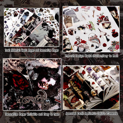 Diuhofart Halloween Stickers for Adults, 50 Sheets Precut Dark Aesthetic Gothic Scrapbook Washi Sticker Book for Junk Journal Supplies, Journaling, Scrap Book Suply
