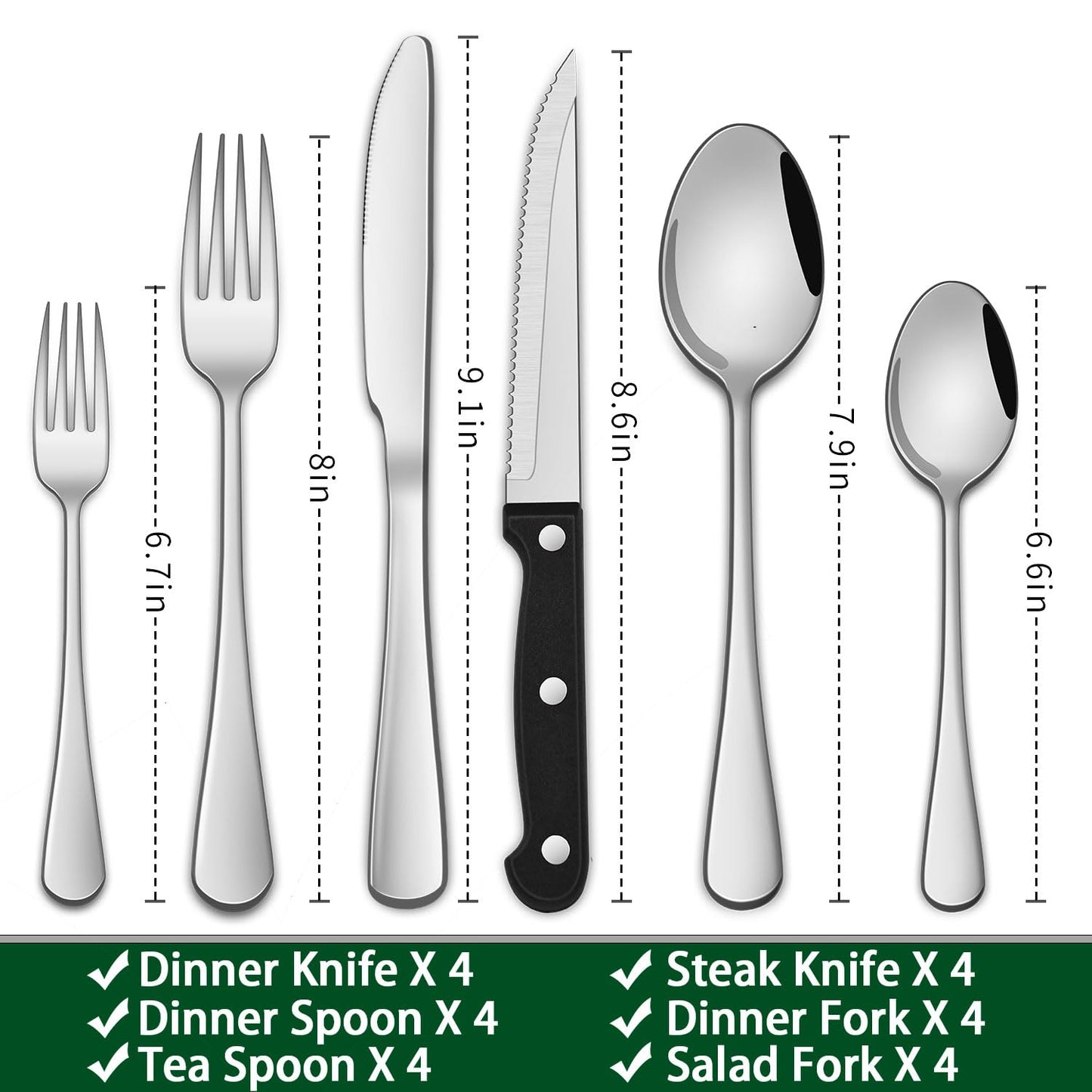 24-Piece Silverware Set with Steak Knives,Flatware Set Service for 4 Person, Food-Grade Stainless Steel Cutlery Set,Includes Knife Spoon And Fork, Mirror Finished Utensil Sets for Home Restaurant