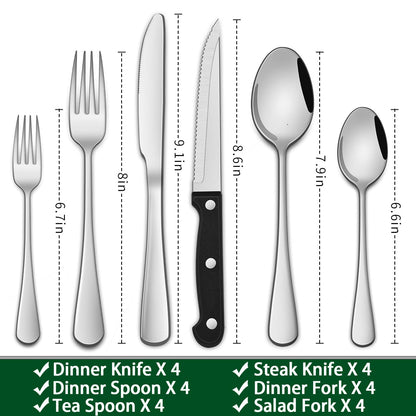 24-Piece Silverware Set with Steak Knives,Flatware Set Service for 4 Person, Food-Grade Stainless Steel Cutlery Set,Includes Knife Spoon And Fork, Mirror Finished Utensil Sets for Home Restaurant