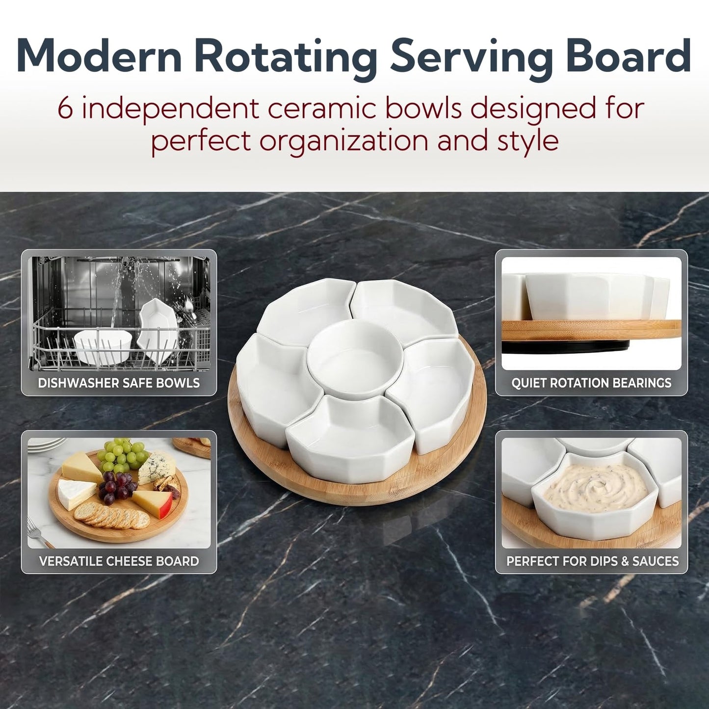 SOUJOY 11'' Lazy Susan Serving Tray, Porcelain 360° Rotatable Serving Tray and Platters, Removable Divided Serving Dishes, Party Relish Bowl for Chip, Dip, Veggies, Candy and Snack, Cheese, 7 Pieces