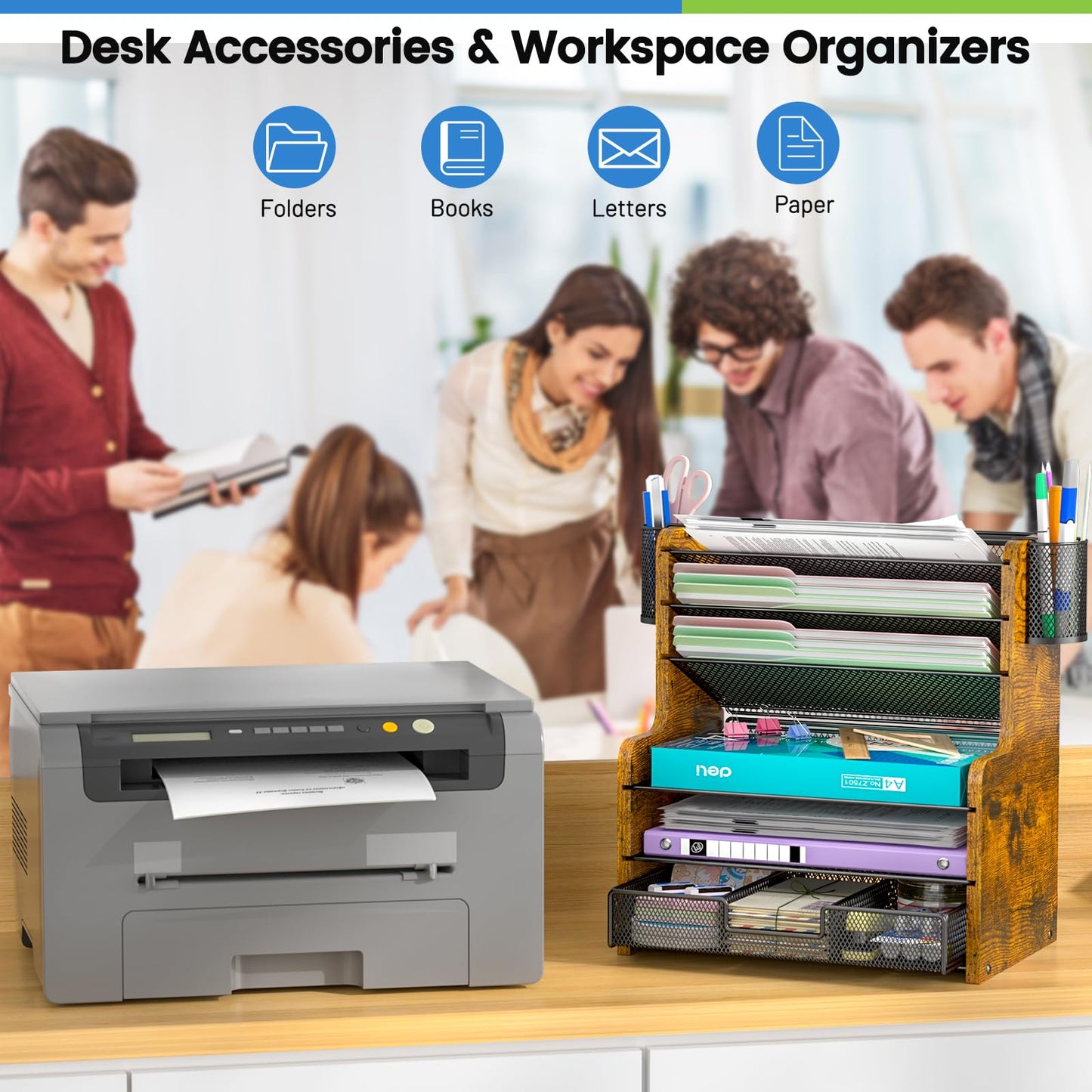 DAOUTIME 6-Tier Mesh Desk Organizer with Drawer, Wooden Office Organizer for Papers, Folders & Office Supplies - Sturdy Desktop File Holder with 2 Pen Holders - Space Saving Home Office Accessories
