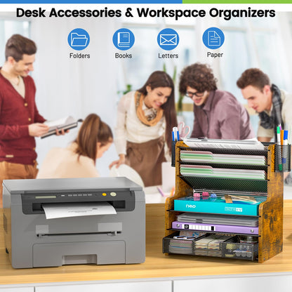 DAOUTIME 6-Tier Mesh Desk Organizer with Drawer, Wooden Office Organizer for Papers, Folders & Office Supplies - Sturdy Desktop File Holder with 2 Pen Holders - Space Saving Home Office Accessories