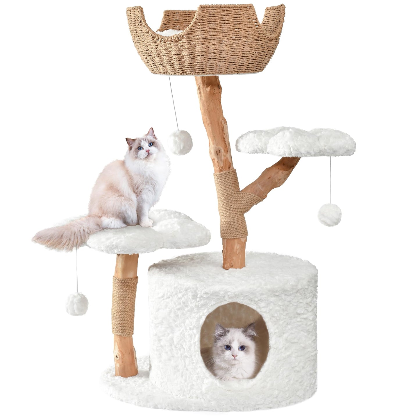 Easyego Modern Cat Tree, 40.5" Aesthetic Wood Cat Tree Tower for Large Cats, Luxury Cat Condo with Scratching Posts and Flower Platforms, Cat Furniture, White
