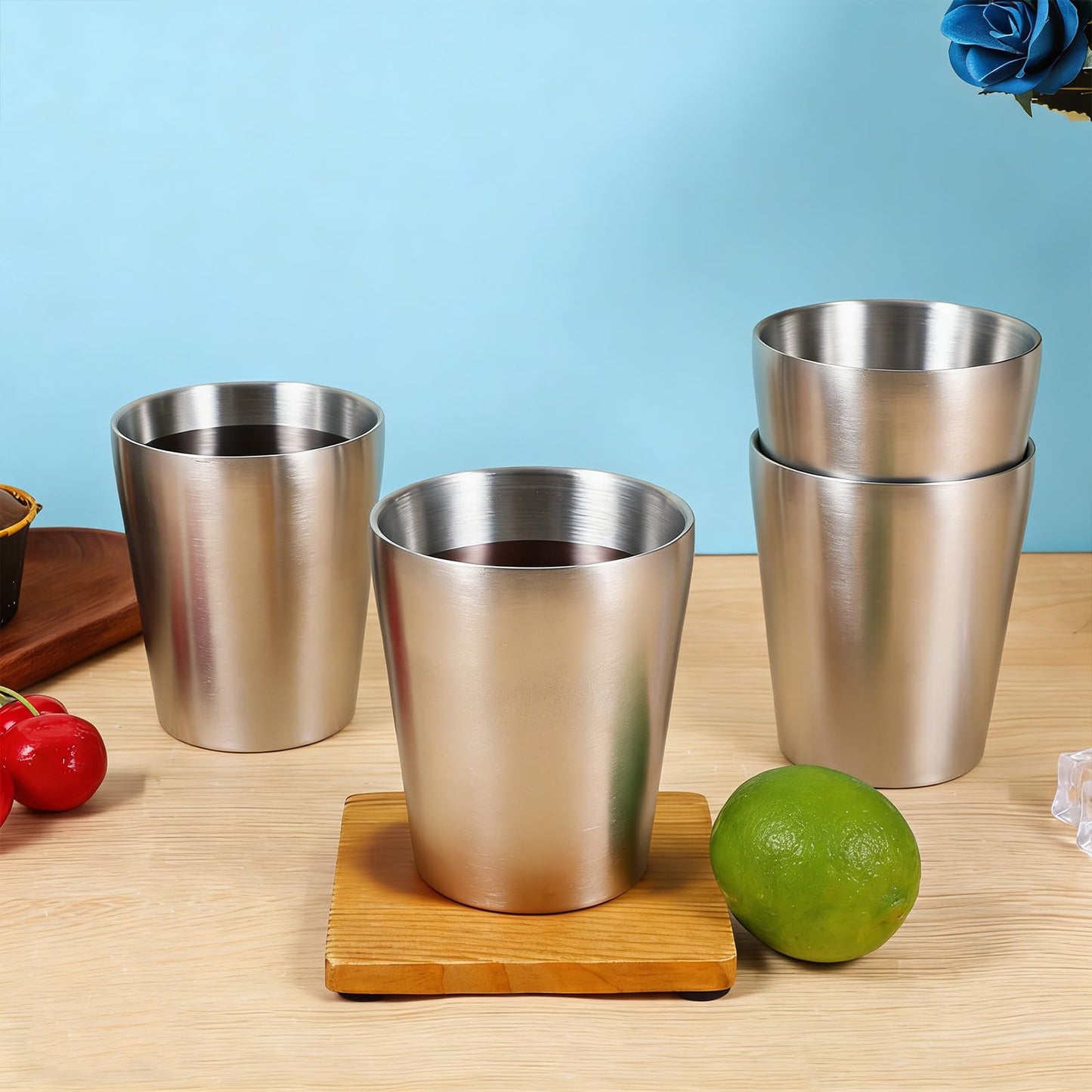 Oqqlin 8 Pcs 10 Oz Stainless Steel Cups, Metal Double Wall Vacuum Tumbler Silver Stackable Unbreakable Drinking Glasses for Party, Camping, Home, BBQ