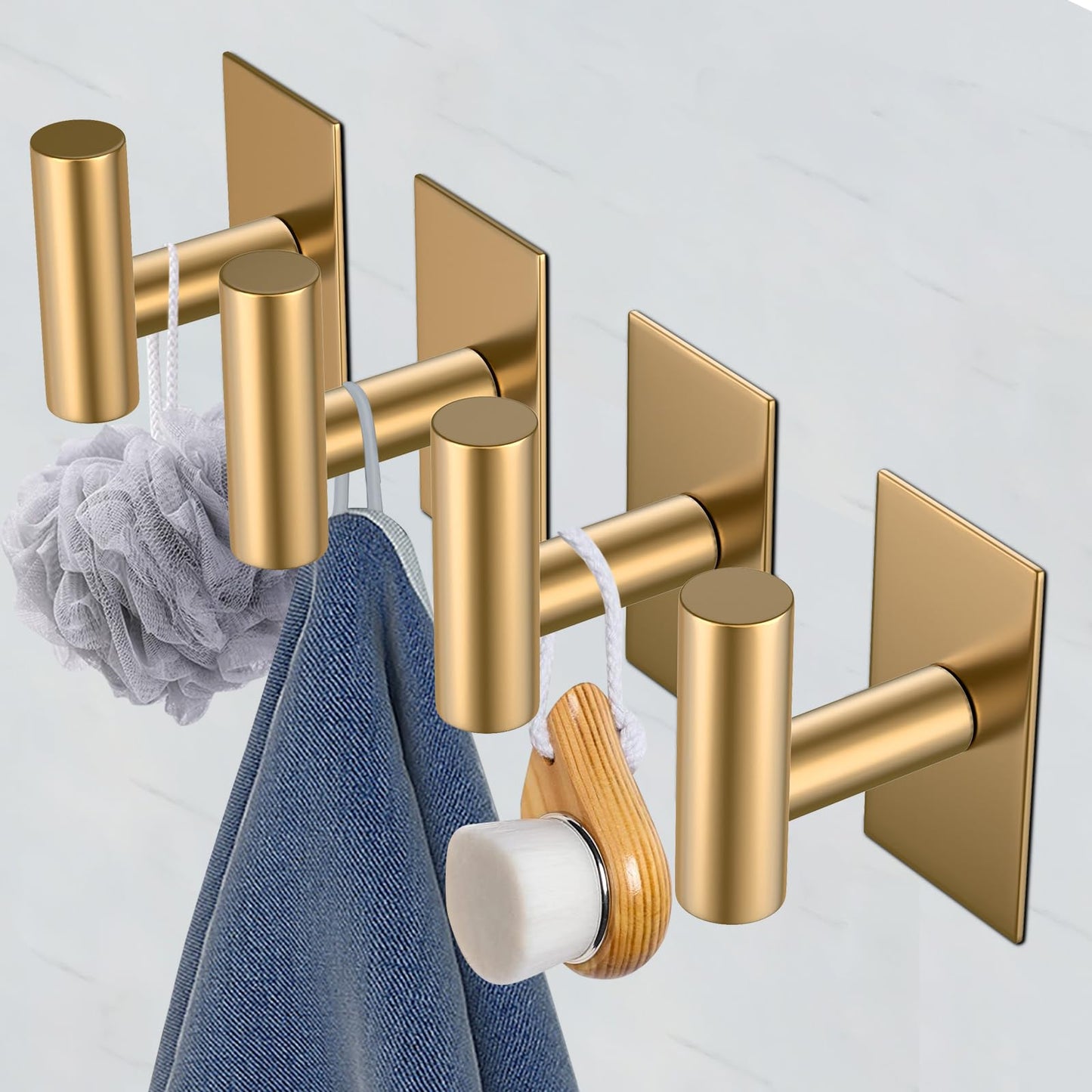 VAEHOLD Wall Towel Hooks, Heavy Duty Sticky Holder Waterproof Towel Hooks for Hanging Coat, Clothes, Closet Hook Wall Mount for Kitchen (Gold, 4 Pack)