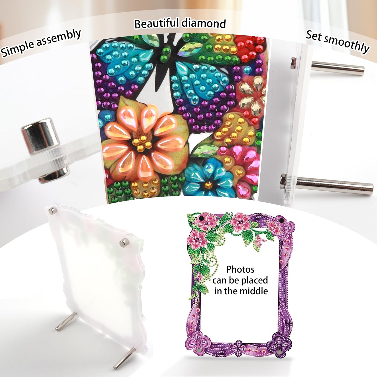 5D Diamond Art Painting Kits Photo Frames with Stand, Flowers Diamond Art Kits Photo Frame Desktop, 5D Special Shape Crystal Rhinestones Diamond Art Kits for Home Living Room Office Table Top Decor