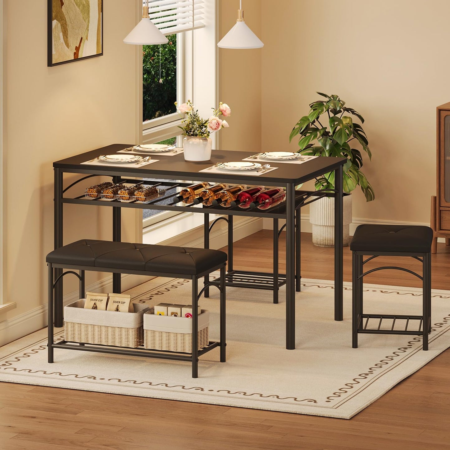 Garvee Dining Table Set for 4, Kitchen Table with Upholstered Bench and 2 Stools, 4 Pieces Kitchen Table Set with Storage Rack & Metal Frame for Small Space, Kitchen Table and Chairs Set for Apartment