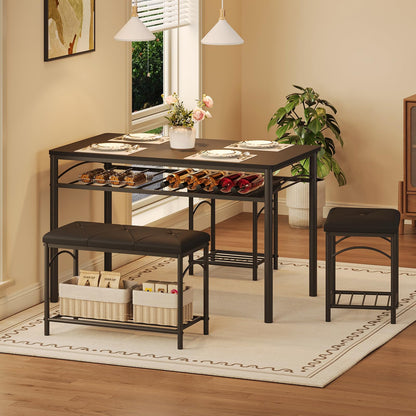 Garvee Dining Table Set for 4, Kitchen Table with Upholstered Bench and 2 Stools, 4 Pieces Kitchen Table Set with Storage Rack & Metal Frame for Small Space, Kitchen Table and Chairs Set for Apartment