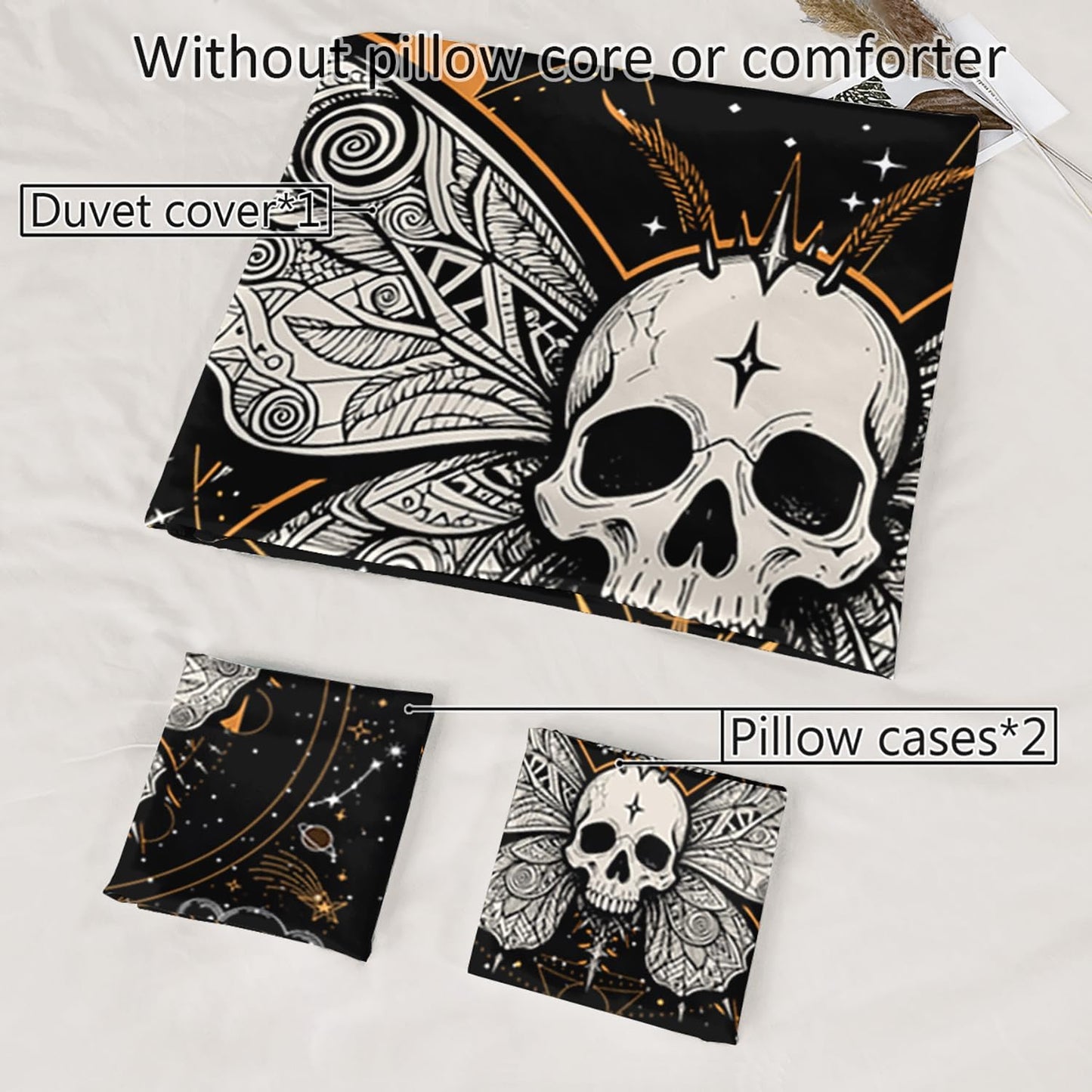 Set HOSIMA Butterfly Bedding for Girls Gothic Skull Boho Comforter Cover Decor for Bedroom, Sun and Moon Pattern Duvet