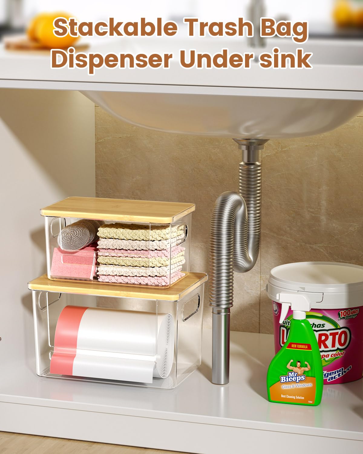 Trash Bag Dispenser 2 Pack, Acrylic Garbage Bags Dispenser with Bamboo Top, Extra Large Trash Bag Holder Dispensers Under Sink for Kitchen, Cabinet, Laundry Room, Pantry Organizer and Storage