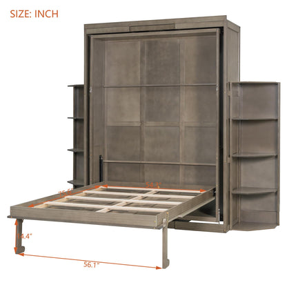 Rotating Full Murphy Bed with Hidden Wall Cabinet, Dual 3-Tier Side Shelves, Convertible Desk, Extra Storage Racks, Space-Saving Multifunctional Wall Bed for Home Office &Small Rooms, Gray