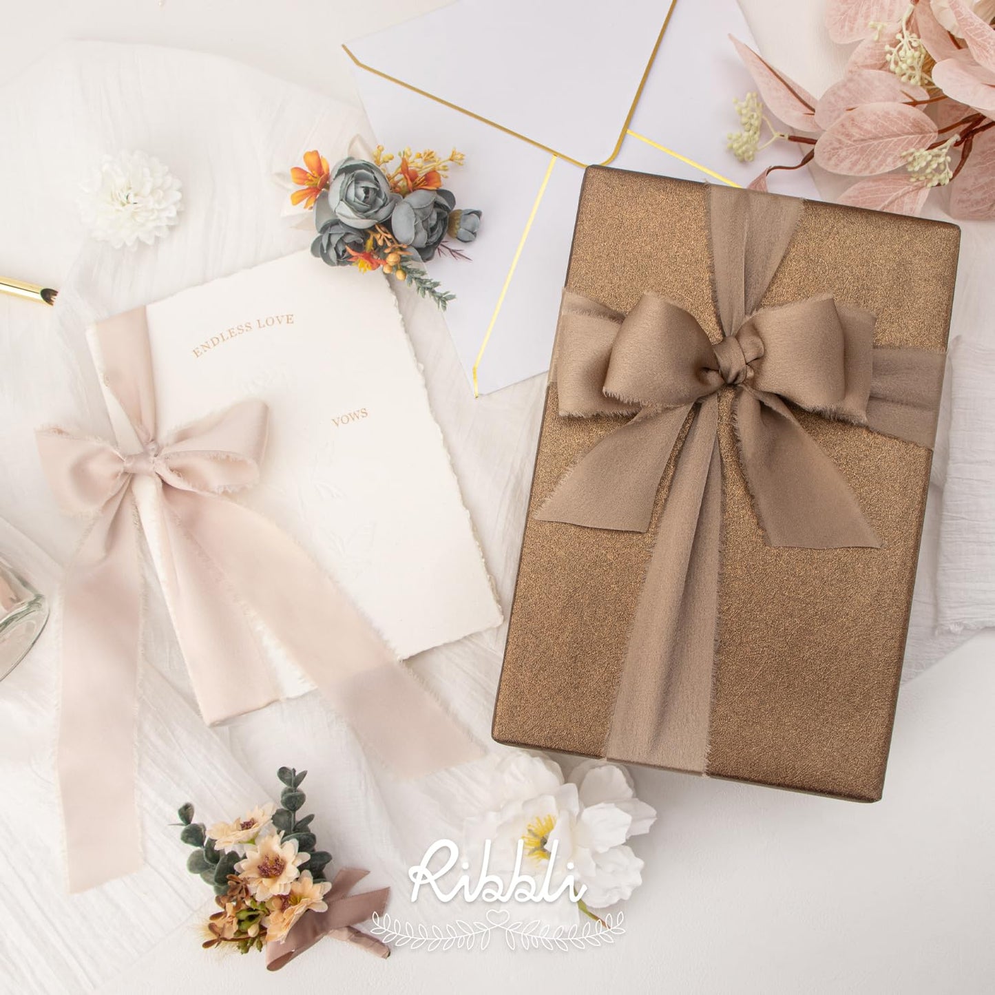 Ribbli Ivory Champagne Silk Satin Ribbon 1.5 Inch x 30 Yard Handmade Frayed Chiffon Ribbon for Gift Wrapping Wedding Invitations Bridal Bouquets Home Decor