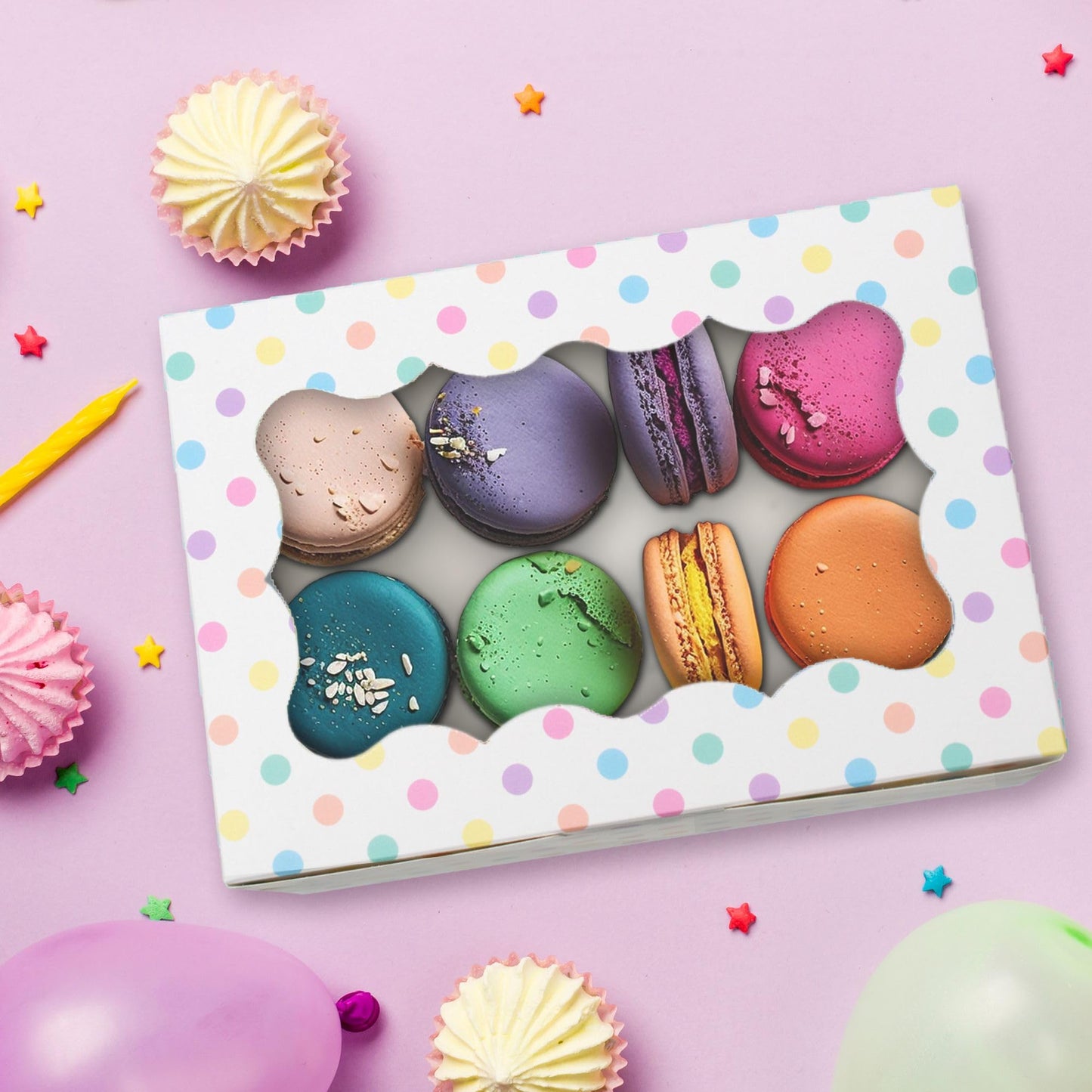 Perfect Occasion Polka Dot Cookie Boxes - 12 Pack - Pastel Polka Dot Cookie Boxes with Window - for Easter, Birthdays, Cupcakes, Pastries - Large Size Easily Fits a Dozen Cookies - 12 pcs