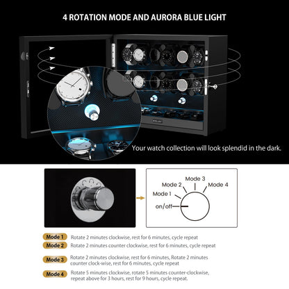 XTELARY Watch Winder for 12 Automatic Watches, Black Lockable Automatic Winders with Extra 6 Watch Storages, 4 Rotation Modes, Flexible Watch Pillows, Quiet Mabuchi Motor, and Blue Backlight