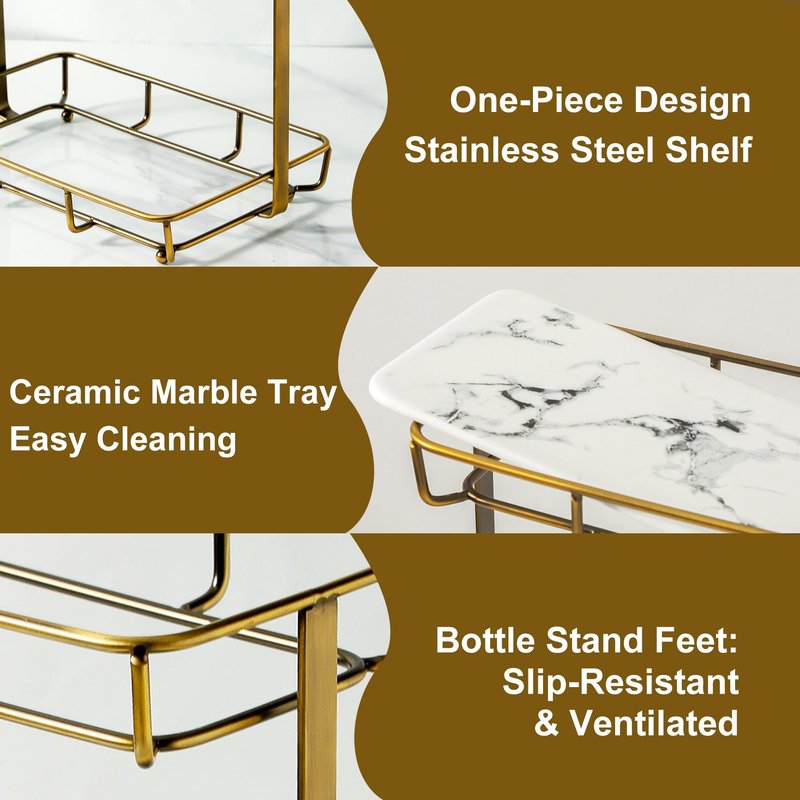Bathroom Organizer Countertop Perfume Organizer Makeup Organizer Cosmetics Storage Display Rack Vanity Tray Dresser Stainless Steel Gold Shelf White Marble Ceramic Tray