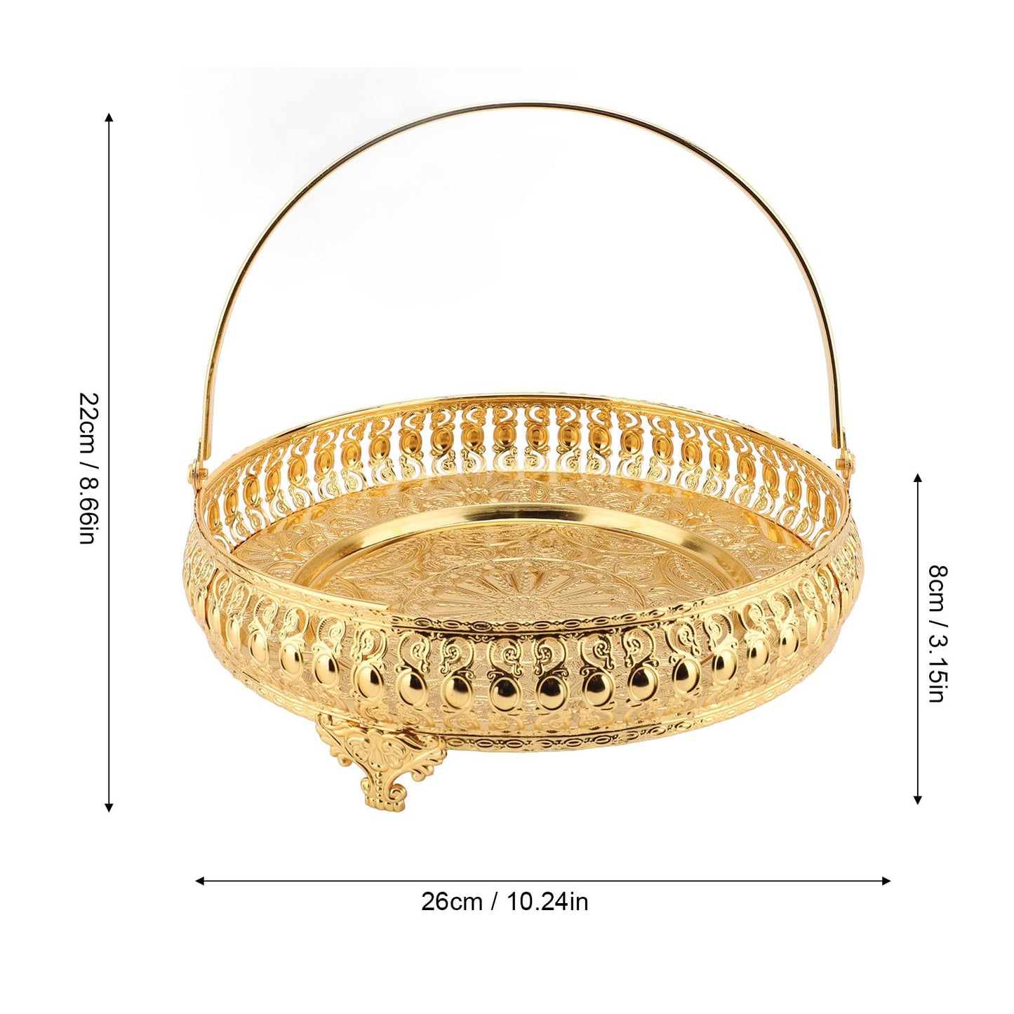 Retro Round Fruit Tray Exquisite Decorative Large Capacity Alloy Dessert Plate Golden Zinc Alloy Fruit Trays for Parties with Handle Decorative Serving Tray for Party Home Bar Cafe
