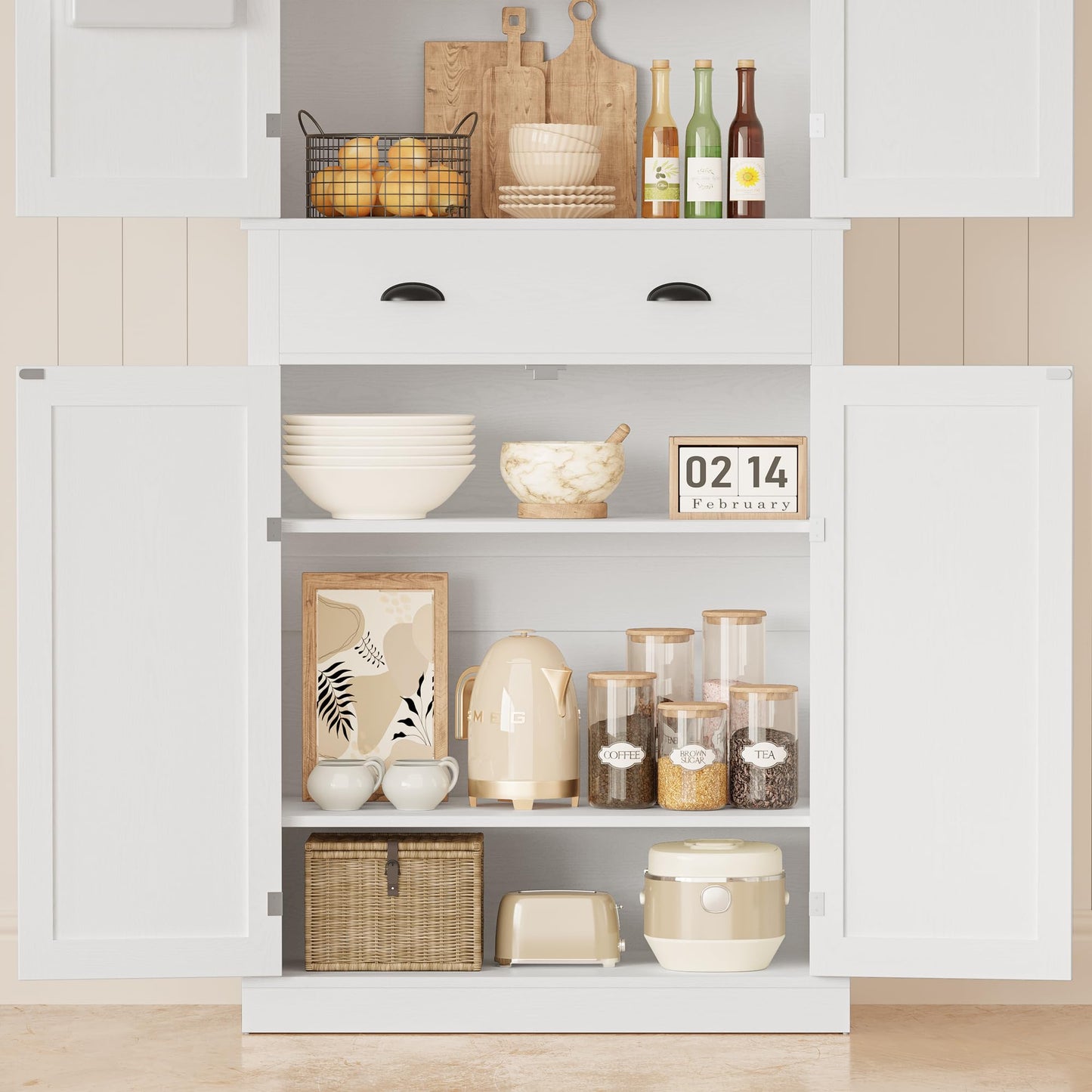 IRONCK Kitchen Pantry Storage Cabinet 83.9" H, with Barn Doors, Drawer, 4 Adjustable Shelves, Freestanding Cupboard for Dining Room Living Room, Laundry, White