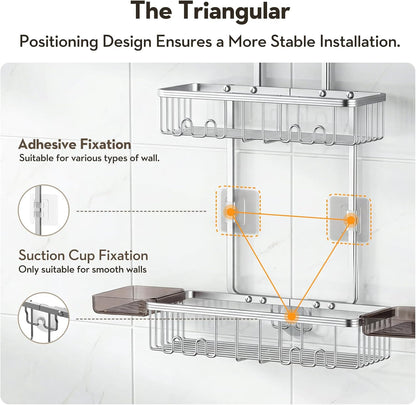 Skiennix Shower Caddy - Rust-Free Aluminum Organizer with Hooks & Soap Holder - Bright Silver