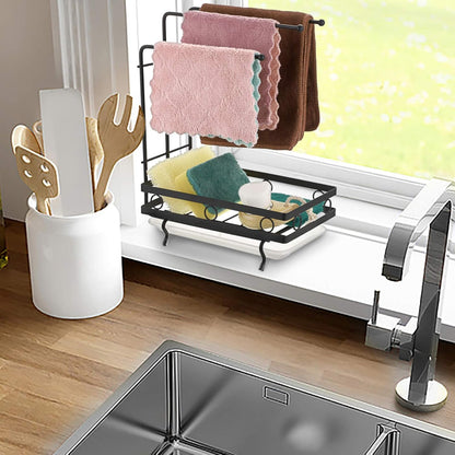 JUXYES Kitchen Sink Caddy Sponge Holder with Dishcloth Drying Rack, Storage Organizer for Kitchen Countertop, Black