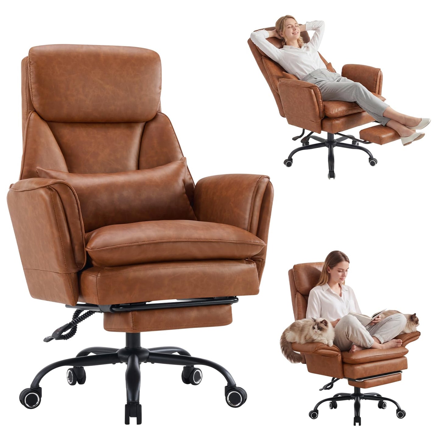 Furniliving Big and Tall Office Chair, Ergonomic Computer Desk Chair with Footrest, Wide Seat Reclining Gaming Chair, Flip Armrests for Cross Legged Sitting, Heavy Duty Support up to 400LBS, PU, Brown