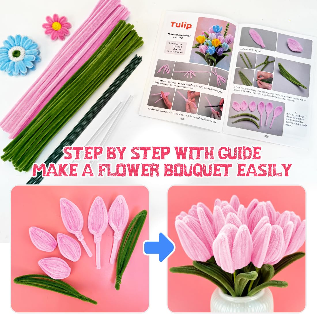 IOOLEEM Pipe Cleaners, 480pcs Pink, Flower Making Kit, Arts and Craft Supplies for Flowers, Ideas for Art Project Activity.