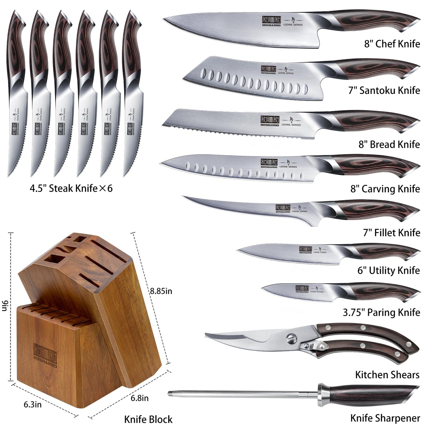 HOSHANHO 16-Piece Knife Set, Japanese High Carbon Stainless Steel Kitchen Knife Set, Ultra Sharp Chef Knife Block Set with Sharpener