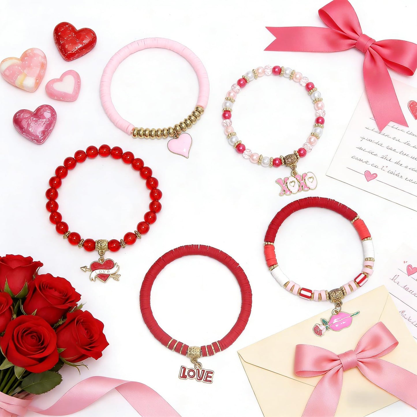 Tinrbip 40 Pcs Valentines Bracelets Kit, Clay Stretch Valentine Bracelets for Women, Cute Love Kiss Heart Friendship Bracelet, Stackable Valentines Day Bracelet Bulk, Valentine's Day Jewelry