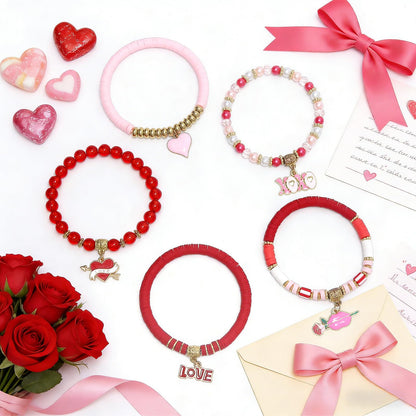 Tinrbip 40 Pcs Valentines Bracelets Kit, Clay Stretch Valentine Bracelets for Women, Cute Love Kiss Heart Friendship Bracelet, Stackable Valentines Day Bracelet Bulk, Valentine's Day Jewelry