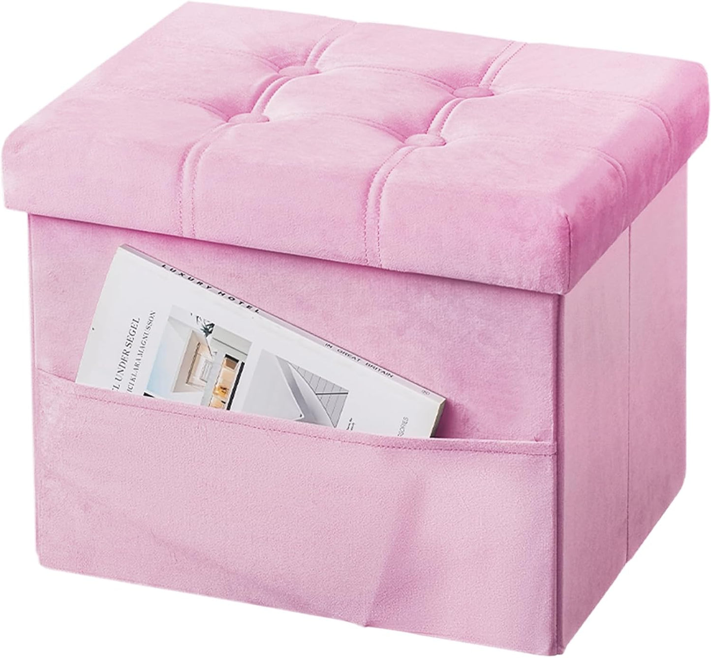 17 inches Storage Ottoman Foot Stool, Folding Ottoman with Storages, Velvet Storage Bench with Side Pocket, Foot Rest