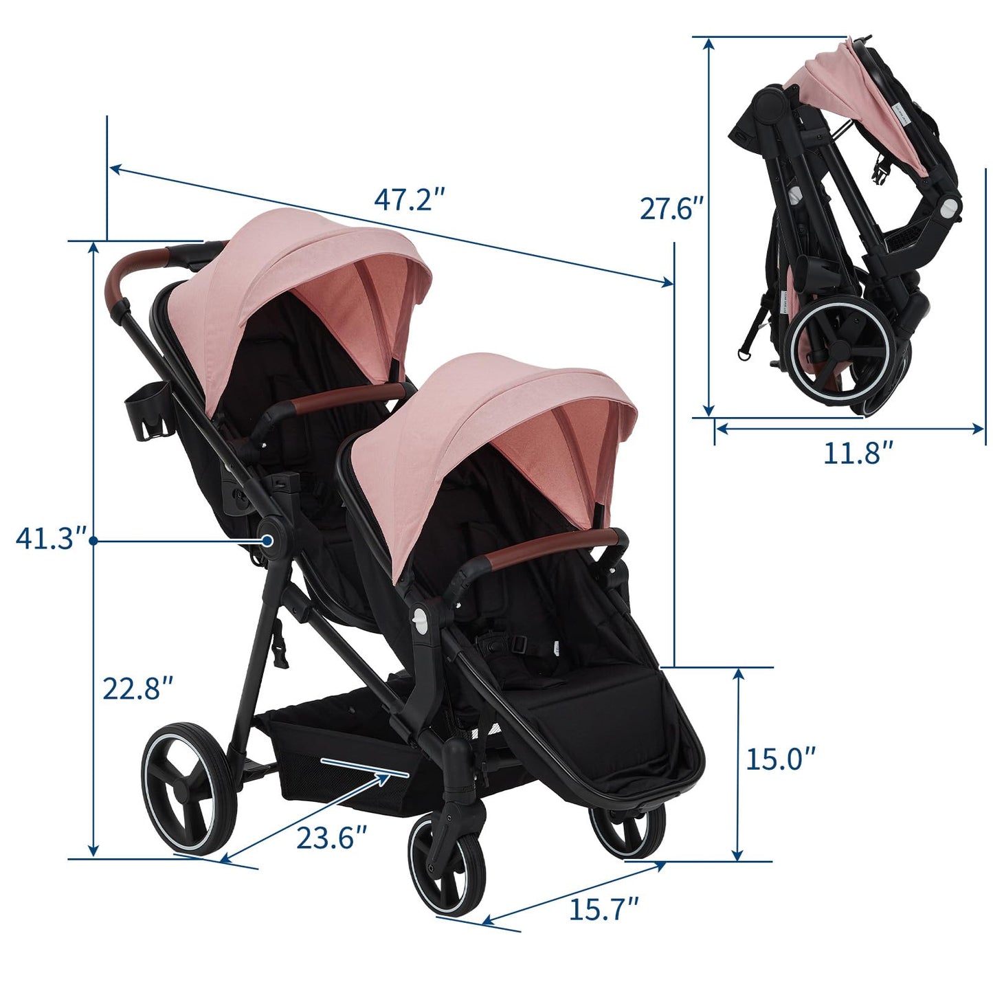 Double Tandem Stroller for Newborn & Toddler – Foldable Twin Pushchair with Reversible Seat, 5-Point Safety Harness, Adjustable Backrest & Canopy, Storage Basket