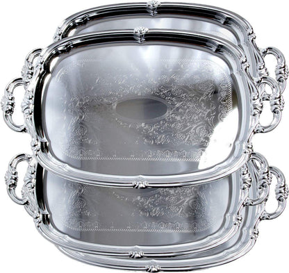 Maro Megastore (Pack of 4) 21-Inch x 13.5-Inch Elegant Victoria Floral Engraved with Handle Serving Tray Silver Metal Plate Platter Food Decorative Buffet Wedding Party T166-4PK