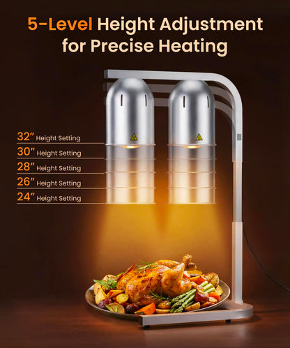 AZZO KITCHEN Heat Lamp for Food 500W Teflon-Coated Bulbs Food Heat Lamp for Fast and Even Heating Commercial Food Warmer with 5 Adjustable Height Lamp Stand for Home Restaurant Buffet Bakery Silver