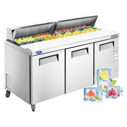 kalifon 72" W 3 Door Commercial Refrigerator Sandwich Salad Prep Table Stainless Steel Fan Cooling Refrigerator with Cutting Board, 3 Shelves & 30 Pans for Restaurant, Bar, Shop-20 Cu.ft