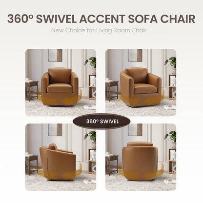 COLAMY 360° Swivel Accent Chair with Pillow, Leather Living Room Armchair No-Sag Foam & Sturdy Metal Base, Fully Assembled Swivel Accent Single Sofa for Bedroom Living Room, Reading Room, Brown