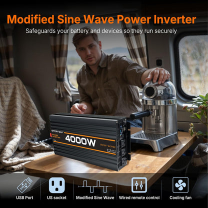 EFFORTWAY 4000W Power Inverter, 12V DC to 110V/120V Modified Sine Wave Inverter with 3 AC Outlets, USB Port, Wired Remote Controller, Car Power Inverter for RV, Truck, Boat, Camping, Off-Grid