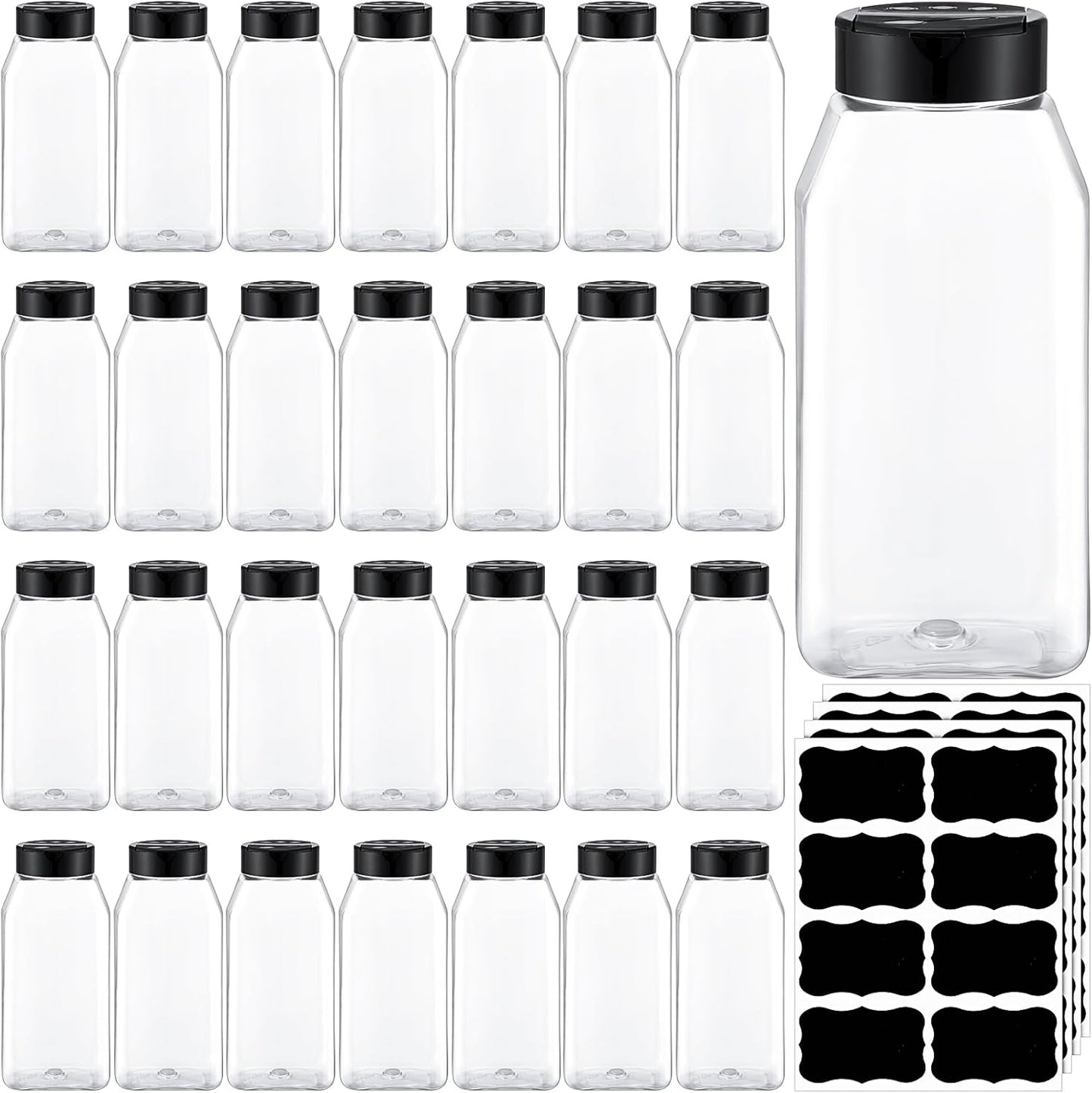 28 Pack 16 oz Mifoci Plastic Spice Jars with Cap Square Plastic Bottle Containers with Shaker Lids and Stickers Large