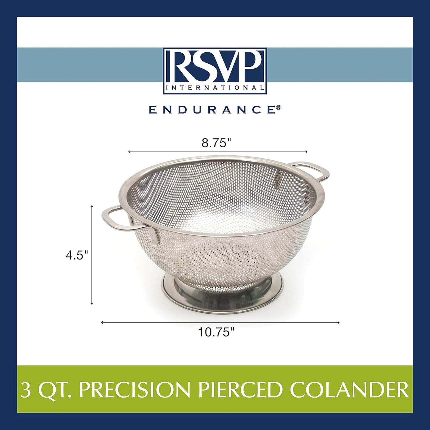 RSVP International Endurance Kitchen Collection Colander Strainer, 3 Quart, Pierced Stainless Steel