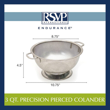 RSVP International Endurance Kitchen Collection Colander Strainer, 3 Quart, Pierced Stainless Steel