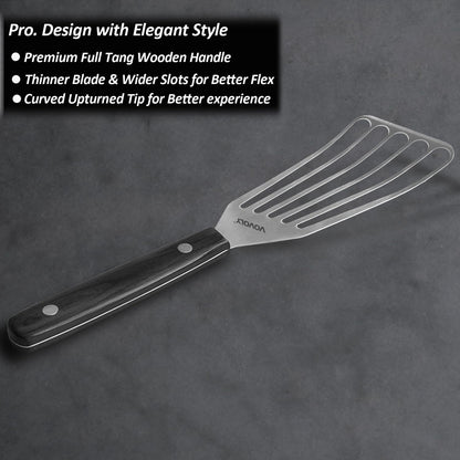 2 Pack Stainless Steel Fish Spatula Turner, Slotted Spatulas for Flipping, Turning, Frying & Grilling, Wooden Full Tang