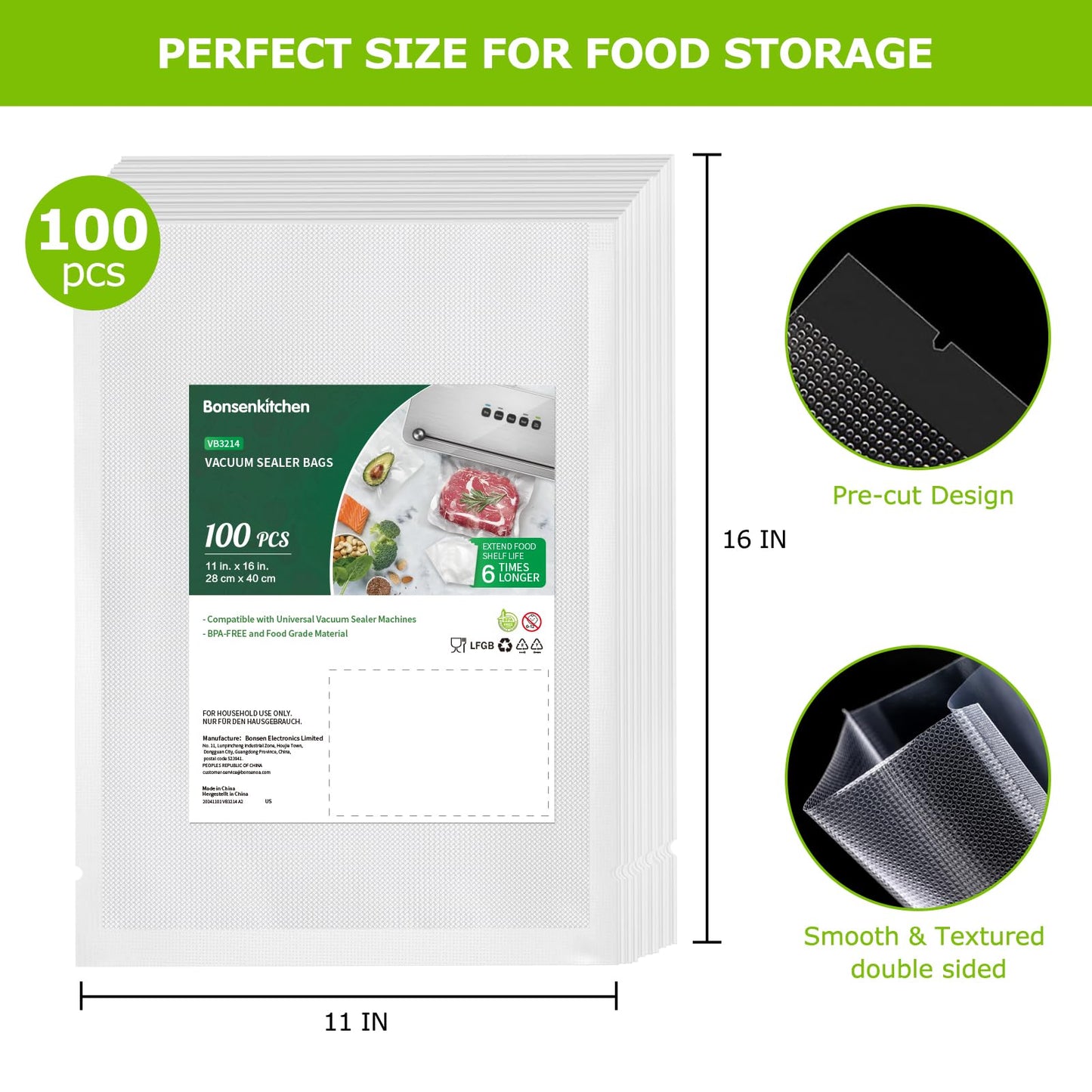 Bonsenkitchen Precut Vacuum Sealer Bags 200 Quart 8" x 12", BPA Free, Commercial Grade Textured Food Vacuum Sealer Bag, Thick Embossed Bags for Storage and Sous Vide Cooking VB3208