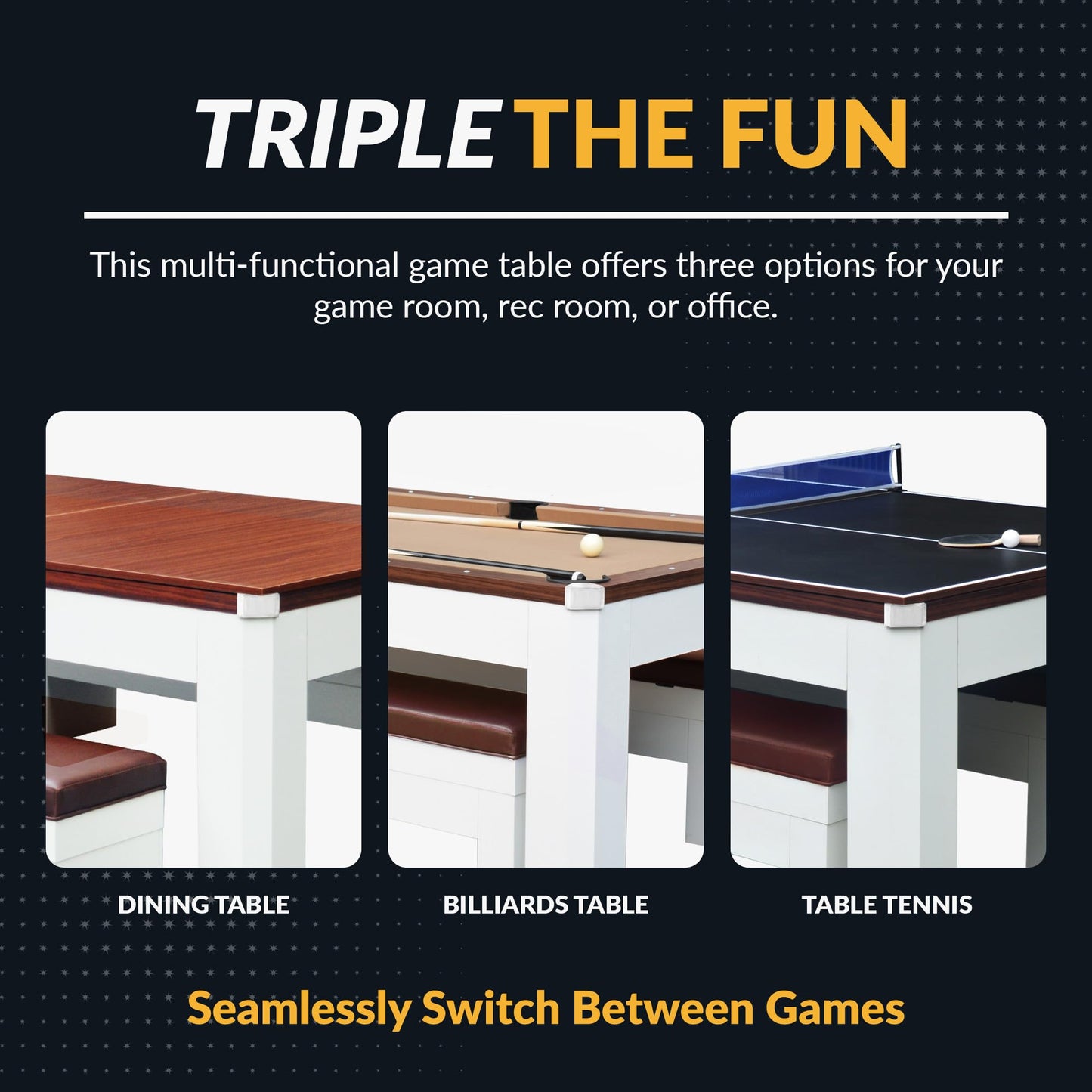 Hathaway Newport II 7 Foot Dining Pool Table Combo with Game Accessories, & 2 Benches – Multifunctional Billiards Table with Ping Pong & Dining Top – White Finish, Walnut Accents, Camel Felt